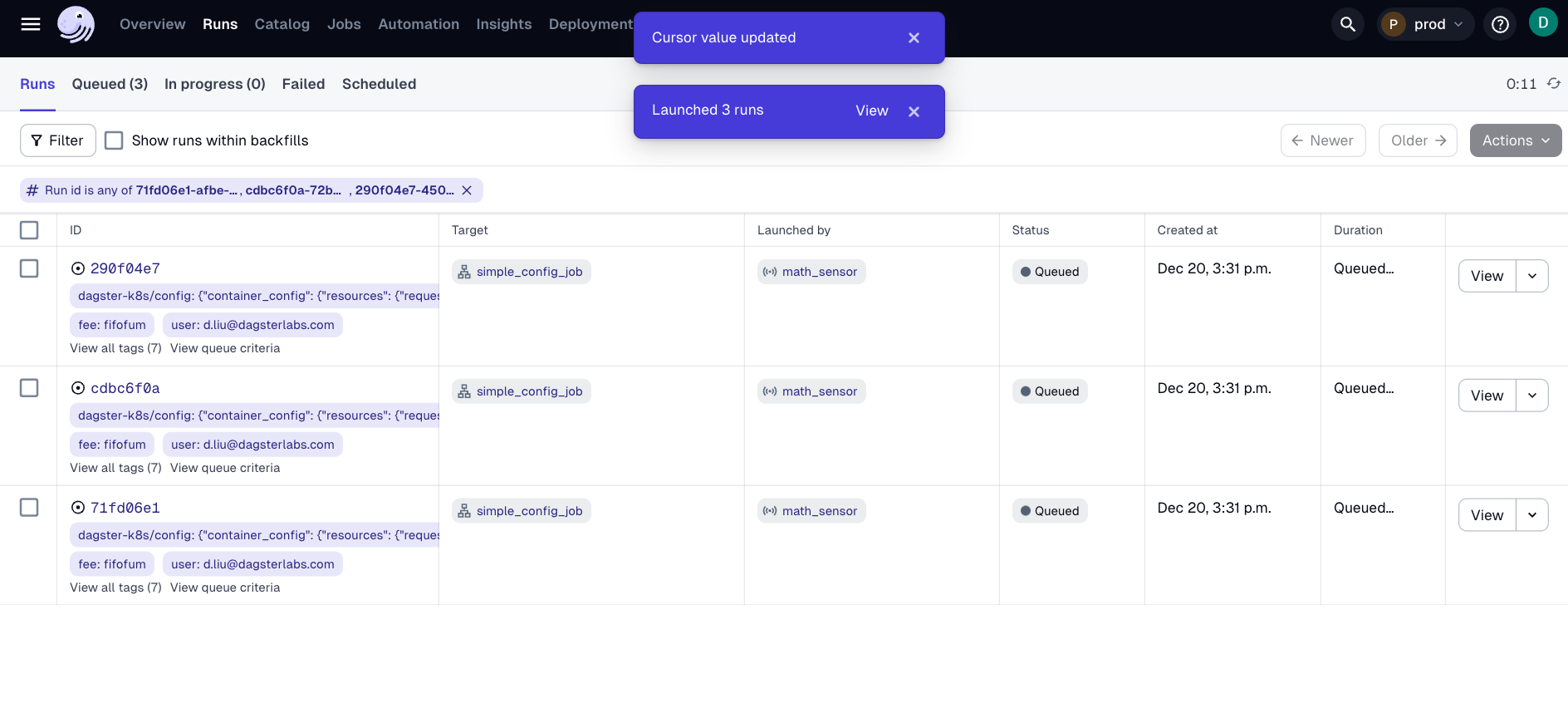 Runs page after launching all runs in the Dagster UI